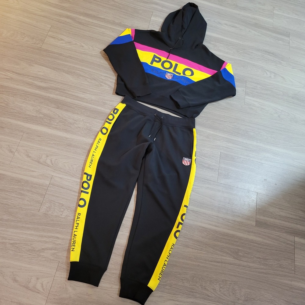 Polo Ralph Lauren Colorblock Tracksuit Set Womens XL Black Crop Hoodie Joggers